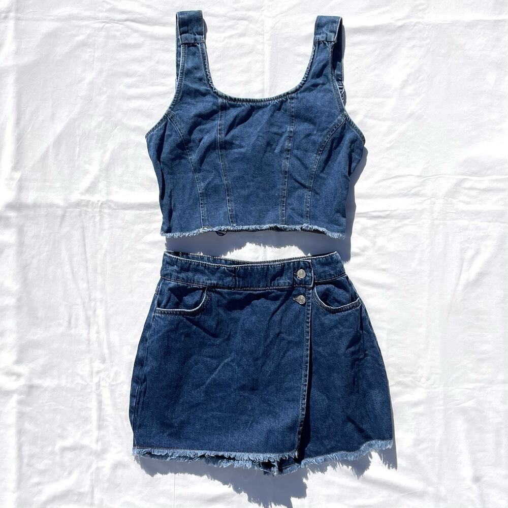 Lone Star Denim Crop Top Skirt Set Womens Small Blue Shorts 2 Piece Outfit